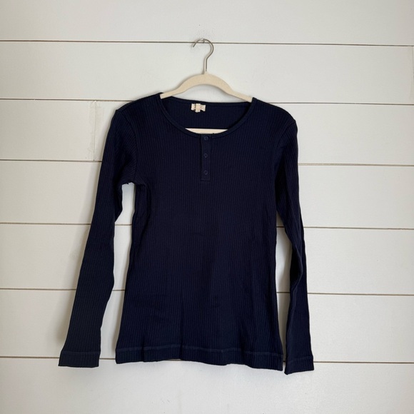 The Simple Folk 6 Organic Cotton Navy Blue Women's Ribbed Henley Top - Picture 2 of 7